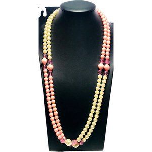 Vintage Pink and White Faux Pearl and Acrylic Bead Necklace Rope Length 55.5 in